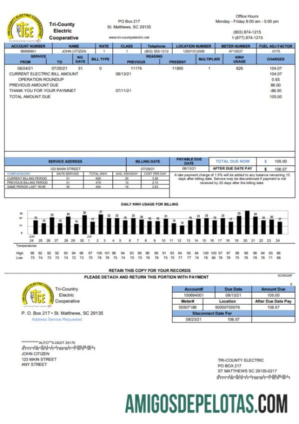 Em branco modelo de projeto de lei de serviços públicos cooperativos elétricos do Tri County dos EUA em formato Word e PDF